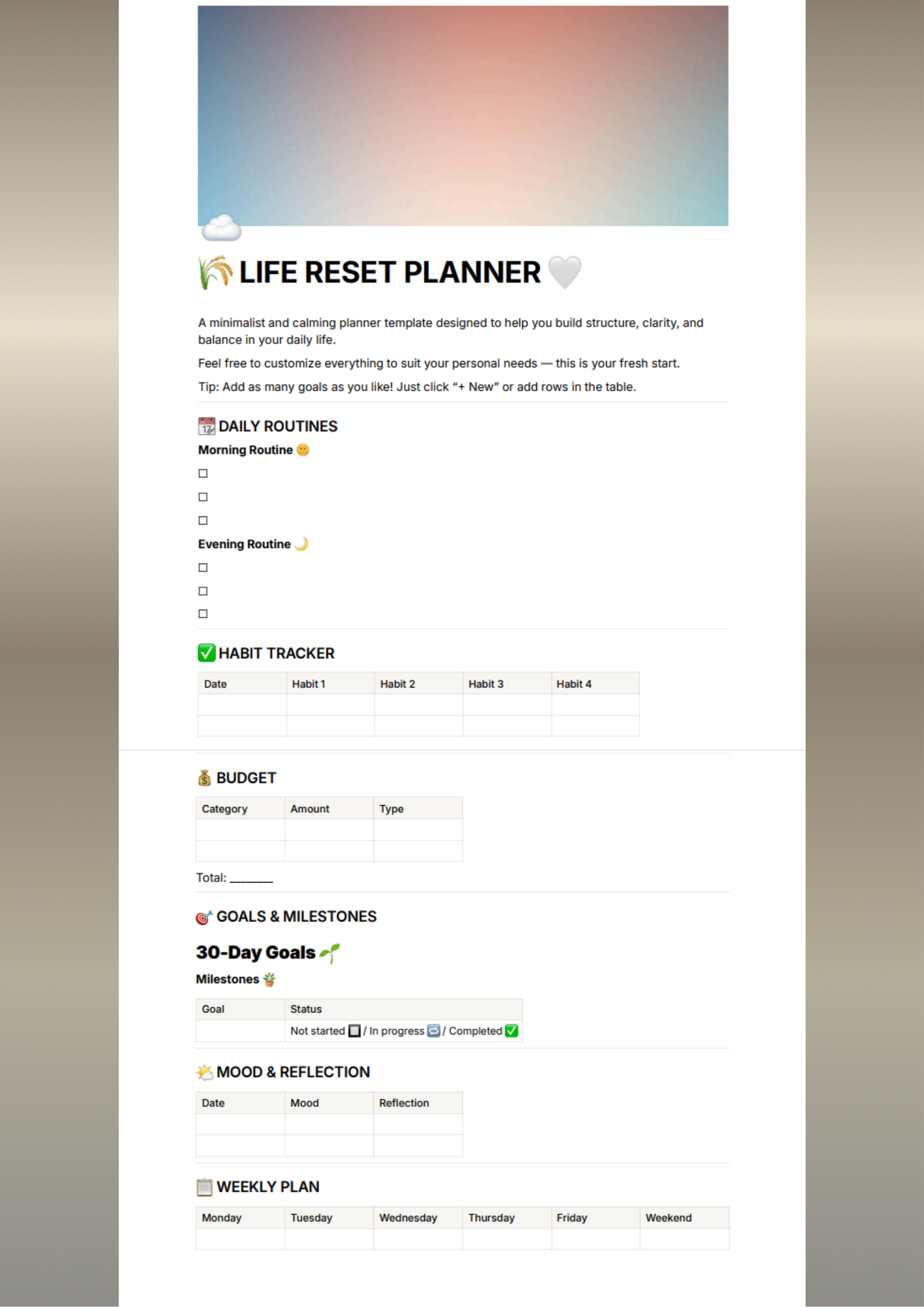Life reset planner