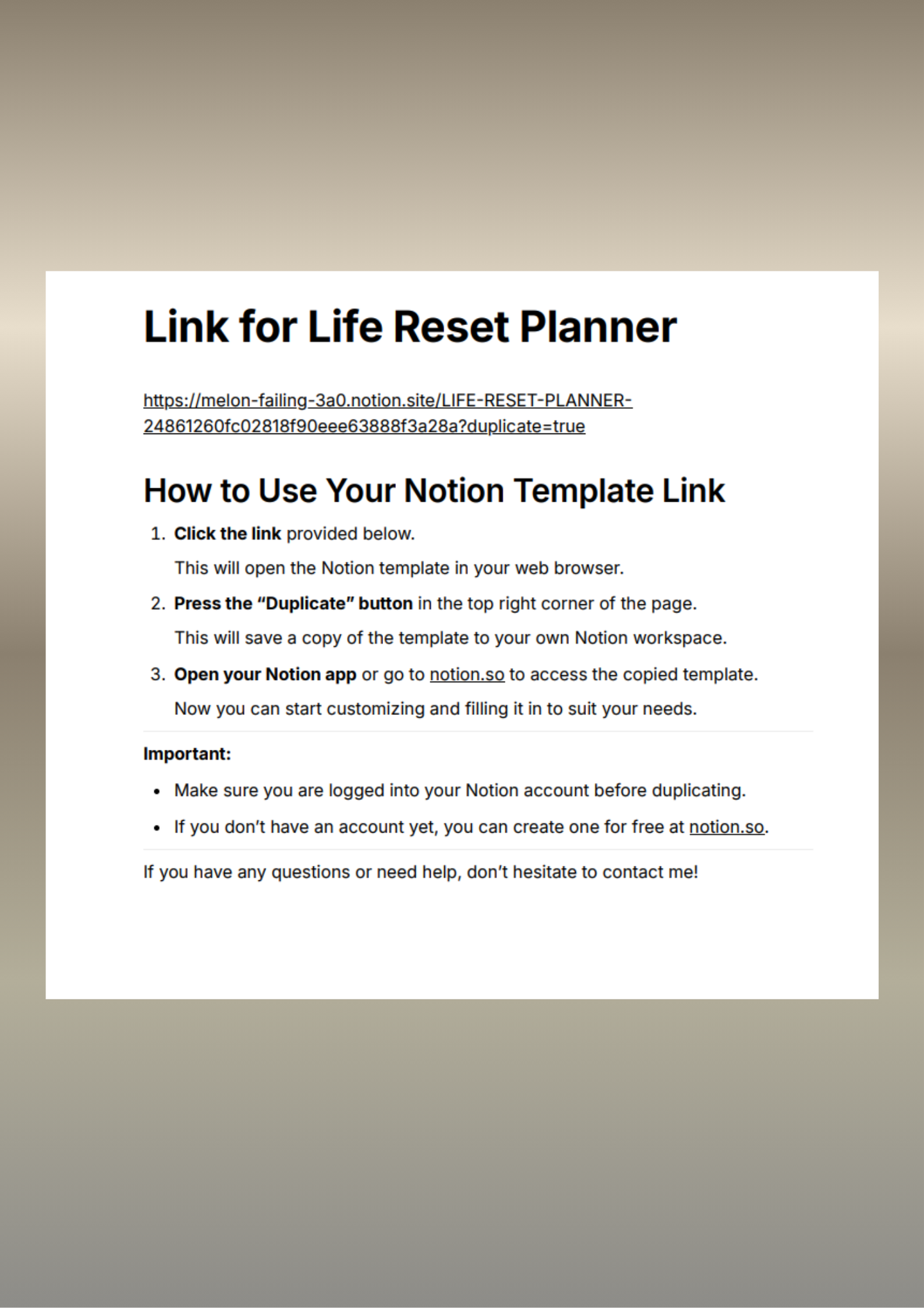 Life reset planner