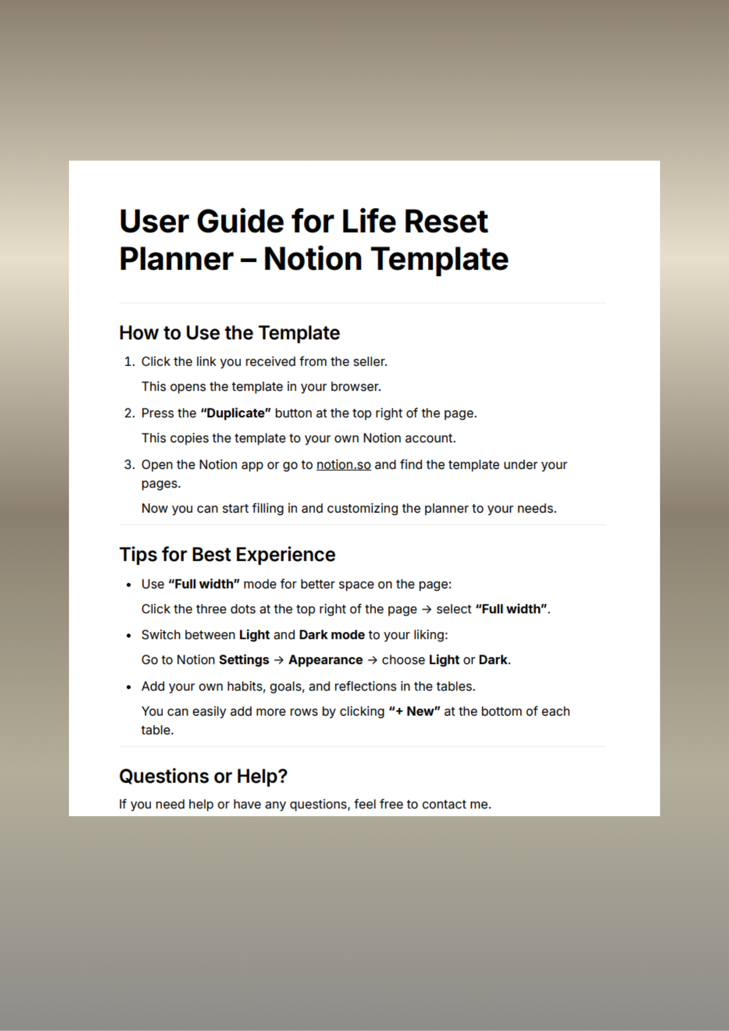 Life reset planner